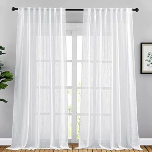 NICETOWN Living Room Curtains Linen Sheer, Rod Pocket & Back Tab Sheer Linen Window Treatments Extra Long Vertical Drapes Privacy with Light Filter for Bedroom, White, W66 x L95, 2 Panels